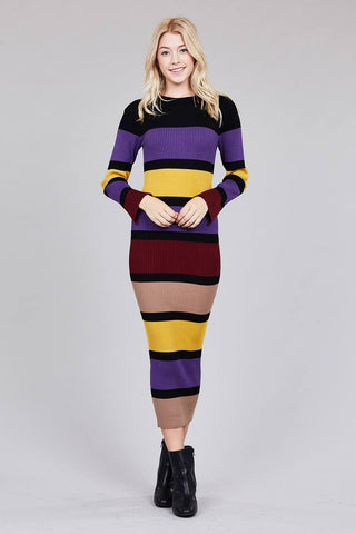 Ladies fashion long sleeve round neck color block long knit dress - merchandiserus2