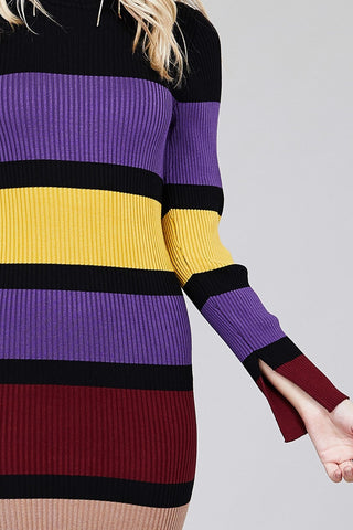 Ladies fashion long sleeve round neck color block long knit dress - merchandiserus2