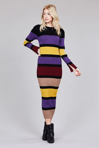 Ladies fashion long sleeve round neck color block long knit dress - merchandiserus2