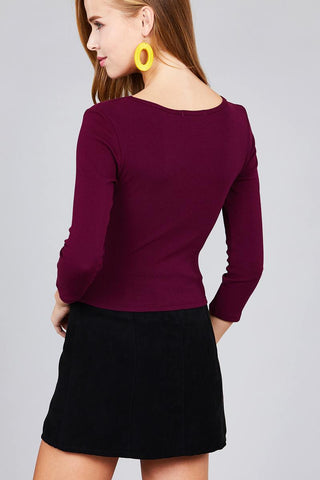 Ladies fashion 3/4 sleeve boat neck rib cotton spandex knit crop top