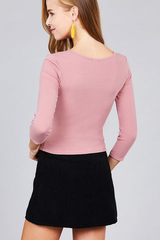 Ladies fashion 3/4 sleeve boat neck rib cotton spandex knit crop top