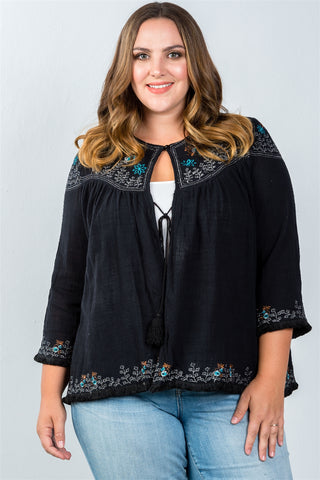 Ladies fashion plus size embroidery flower tassel cardigan