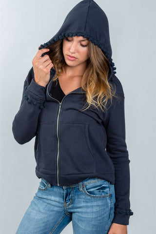 Ladies fashion navy zip up pompom sweater
