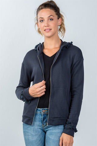 Ladies fashion navy zip up pompom sweater