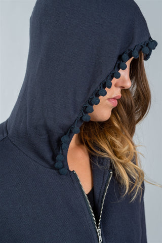 Ladies fashion navy zip up pompom sweater