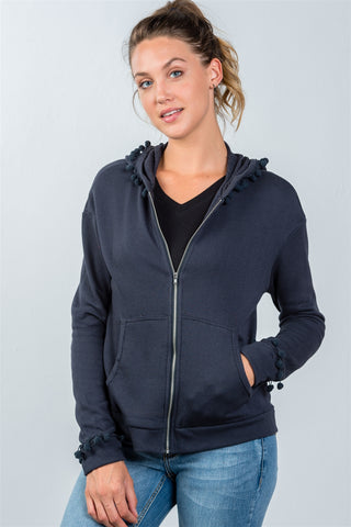 Ladies fashion navy zip up pompom sweater