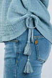Ladies fashion vintage blue drawstring tassel-tie sides top