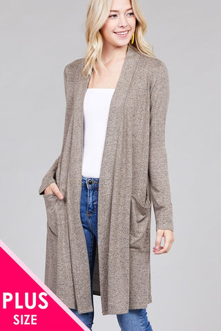 Ladies fashion plus size long sleeve open front w/pocket brushed hacci cardigan