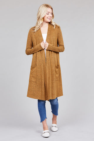 Ladies fashion long sleeve open front w/pocket brushed hacci cardigan