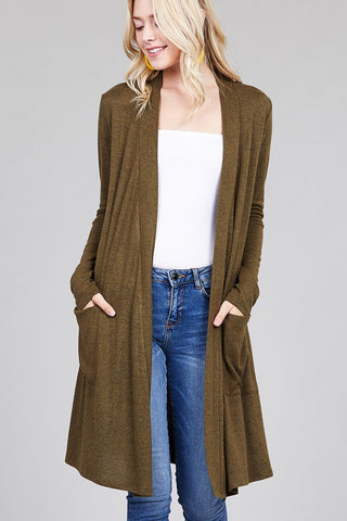 Ladies fashion long sleeve open front w/pocket brushed hacci cardigan