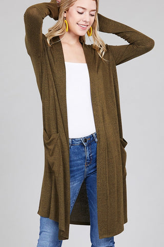 Ladies fashion long sleeve open front w/pocket brushed hacci cardigan