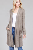 Ladies fashion long sleeve open front w/pocket brushed hacci cardigan