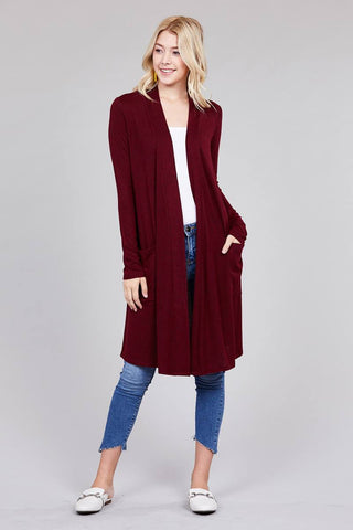 Ladies fashion long sleeve open front w/pocket brushed hacci cardigan