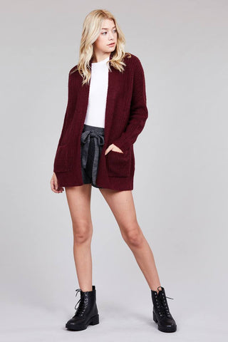 Ladies fashion dolmen sleeve open front surplice back construction sweater cardigan