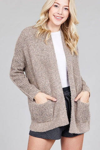 Ladies fashion dolmen sleeve open front surplice back construction sweater cardigan