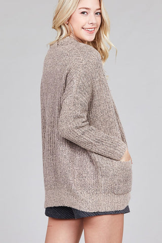 Ladies fashion dolmen sleeve open front surplice back construction sweater cardigan