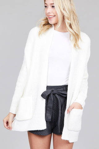 Ladies fashion dolmen sleeve open front surplice back construction sweater cardigan