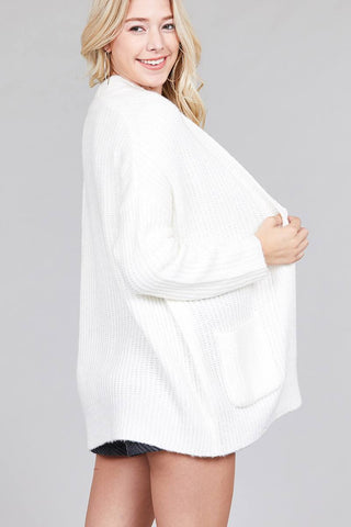 Ladies fashion dolmen sleeve open front surplice back construction sweater cardigan