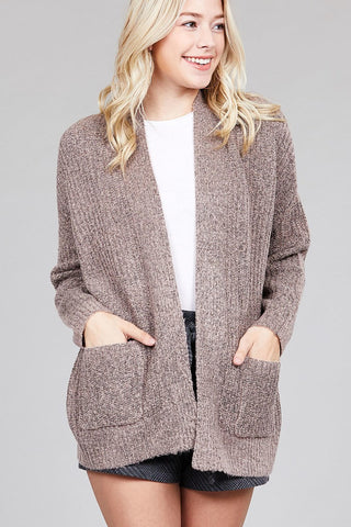 Ladies fashion dolmen sleeve open front surplice back construction sweater cardigan