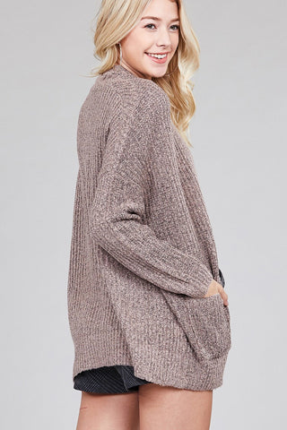 Ladies fashion dolmen sleeve open front surplice back construction sweater cardigan