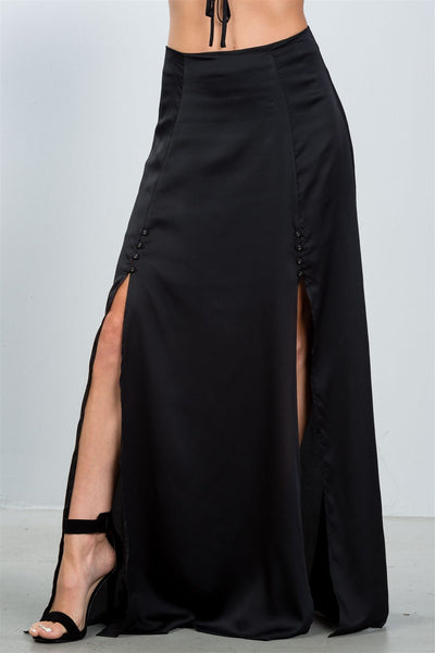 Ladies fashion black button front double split maxi skirt