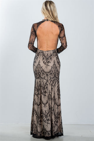 Ladies fashion black lace nude illusion open back maxi dress - merchandiserus2