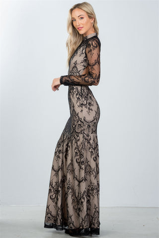 Ladies fashion black lace nude illusion open back maxi dress - merchandiserus2