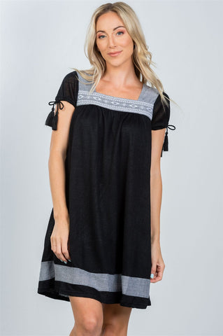 Ladies fashion contrast embroidered tie-sleeve boho mini dress - merchandiserus2