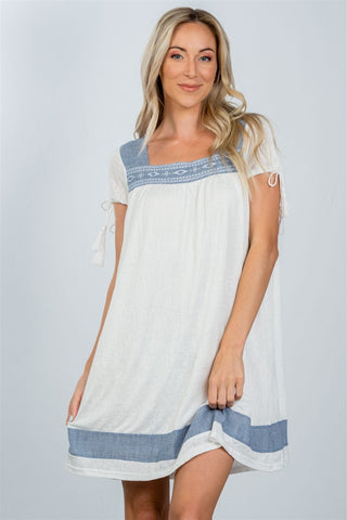 Ladies fashion contrast embroidered tie-sleeve boho mini dress - merchandiserus2