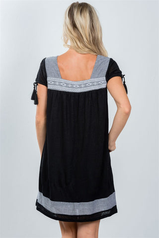 Ladies fashion contrast embroidered tie-sleeve boho mini dress - merchandiserus2