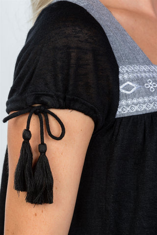 Ladies fashion contrast embroidered tie-sleeve boho mini dress - merchandiserus2