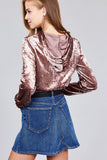 Ladies fashion long sleeve hoodie w/drawstring ice velvet crop top