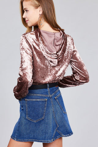 Ladies fashion long sleeve hoodie w/drawstring ice velvet crop top