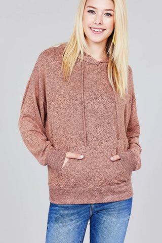 Ladies fashion long sleeve hoodie w/drawstring brushed hacci knit top