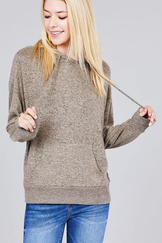 Ladies fashion long sleeve hoodie w/drawstring brushed hacci knit top