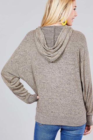 Ladies fashion long sleeve hoodie w/drawstring brushed hacci knit top