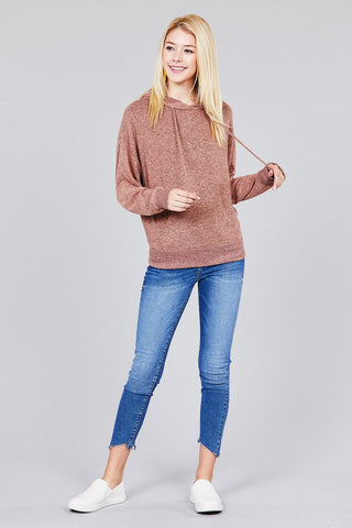 Ladies fashion long sleeve hoodie w/drawstring brushed hacci knit top