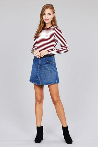 Ladies fashion long sleeve crew neck striped dty brushed top