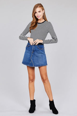 Ladies fashion long sleeve crew neck striped dty brushed top