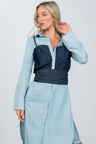 Ladies fashion denim button down bleach-dye corset shirt