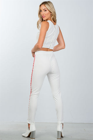 Ladies fashion  faux pearl accent crop top with pants set