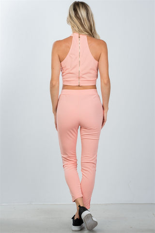 Ladies fashion crop top and matching pants with side contrast stripe
