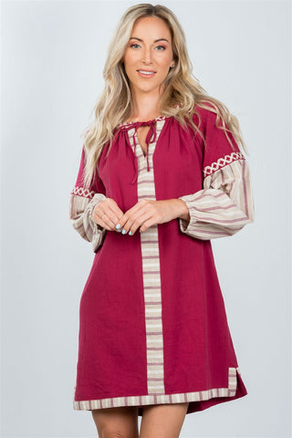 Ladies fashion bohemian stripe contrast sleeve mini dress - merchandiserus2