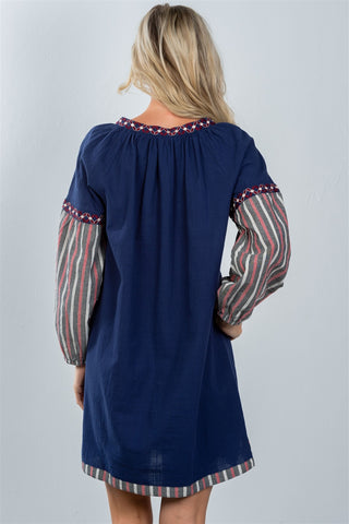 Ladies fashion bohemian stripe contrast sleeve mini dress - merchandiserus2