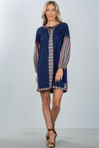 Ladies fashion bohemian stripe contrast sleeve mini dress - merchandiserus2