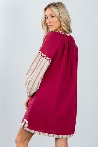 Ladies fashion bohemian stripe contrast sleeve mini dress - merchandiserus2