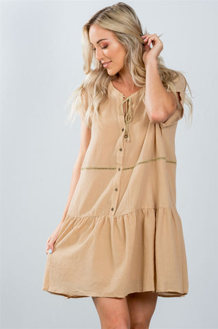 Ladies fashion taupe ladder stitch trim peasant mini dress - merchandiserus2