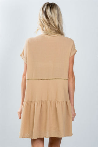 Ladies fashion taupe ladder stitch trim peasant mini dress - merchandiserus2