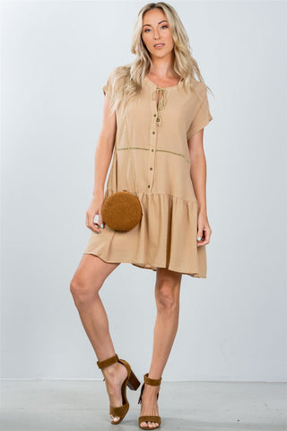 Ladies fashion taupe ladder stitch trim peasant mini dress - merchandiserus2