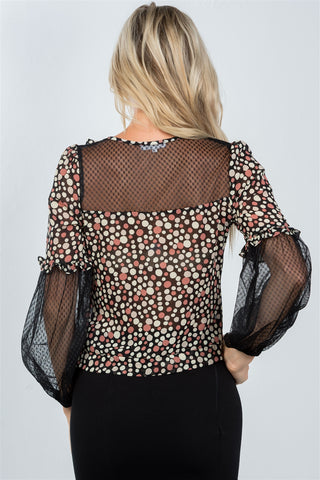 Ladies fashion polka dots ruffle sheer mesh top